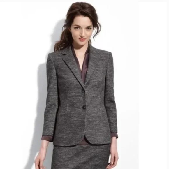 Theory Size 12 Gray Kiersten K Strategy Wool Cotton Blend Tweed Blazer Jacket